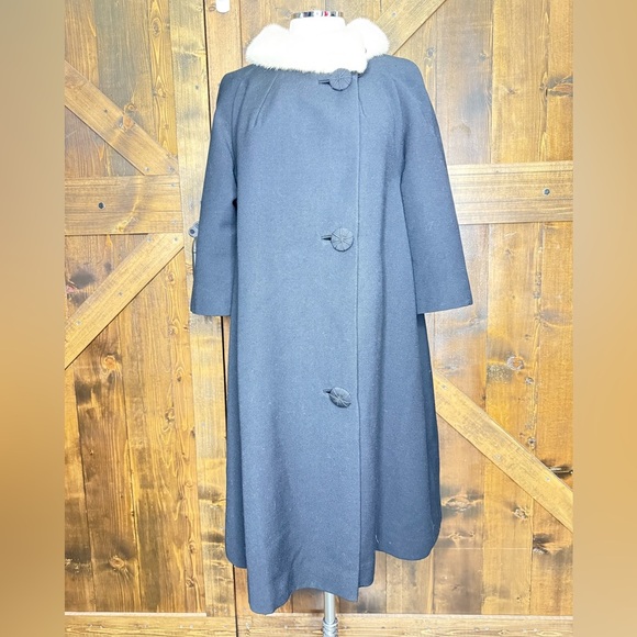Vintage 50/60s DORSE Black Wool Swing Coat Fur Collar Rhinestone Button Size L - Picture 1 of 14
